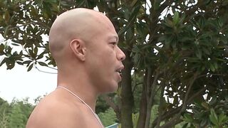 JAVHUB Sexy JAV babe blows and rides 2 studs outside