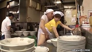 Oriental waitress Mimi Asuka gets finger hammered in the restaurant