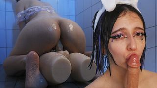 Wet and Messy Slut With Huge Butt Ride Cock And Lick Dildo In A Shower - CyberlyCrush
