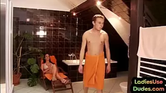 Bathroom 3some pegging of male butthole by CFNM femdom teens